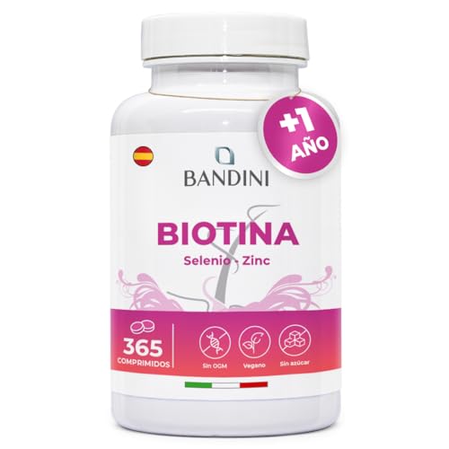 Bandini® Biotina + Zinc + Selenio - 365 comprimidos veganas (Suministro para 1+ año) - Vitaminas para el cabello - Apoya el crecimiento del pelo, fortalece la piel y las uñas - Sin aditivos