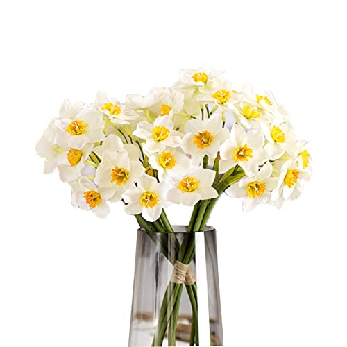 issdem 12 PCS Artificial Daffodils Flowers, Yellow White Silk Faux Daffodils, Spring Summer Fake Flower Arrangement for Home Party Wedding Decorations (White)