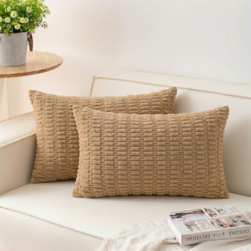 Image of Aegero Pack of 2 Corduroy Decorative Throw Pillow Covers 12x24 Inch, Coffee | Fall Soft Striped Pillow Covers Modern Farmhouse Home Decor Christmas Throw Pillow Covers for Sofa Living Room Couch Bed
