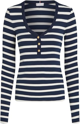 Tommy Hilfiger Damen Langarmshirt Slim Henley mit Knopfleiste, Mehrfarbig (Dark Night Navy/Calico STP), XL – Ansicht 4