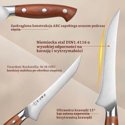 HEZHEN 1.4116 Niemieckie noże do filetowania, noże siatkowe profesjonalny nóż do odkostniania ze stali nierdzewnej, lekko elastyczne ostrze, pełny zbiornik rękojeść Redwood
