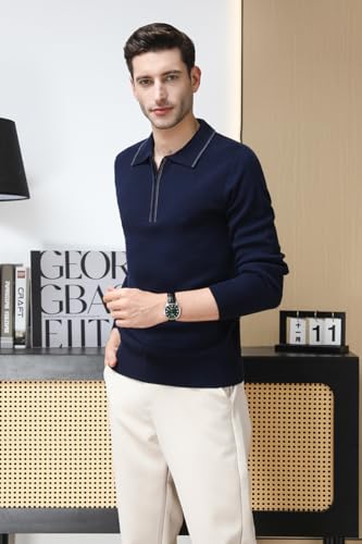 Men's 100% Wool Sweater Casual Long Sleeve Knit Polos Zip Down Collared Golf Pullover Sweaters2