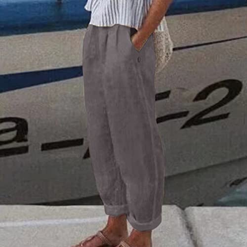 Generic Linen Pants Women Summer Elastic Waist Straight Leg Lounge Pants Solid Color Lightweight Trendy Trousers with Pocket2
