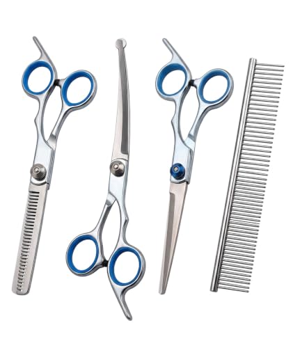 Image of 4-Piece Dog Grooming Kit, Dog Hair Cutting Scissors Set with Straight, Thinning, Downward Curved Shears and Steel Comb, Blue Ring Pet Grooming Scissors for Small Dogs