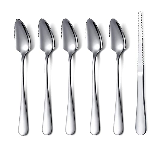 Grapefruit Spoons 6 Pieces Set, 5 Stainless Steel Grapefruit Spoon and 1 Grapefruit Knife with Titanium Plating, Grapefruit Utensil Set, Silver Kitchen Tool for Kiwi, Dessert, Apple, Citrus Fruit