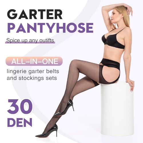 MANZI Suspender Tights for Women Sheer Garter Pantyhose Faux Lingerie Thigh High Stockings2