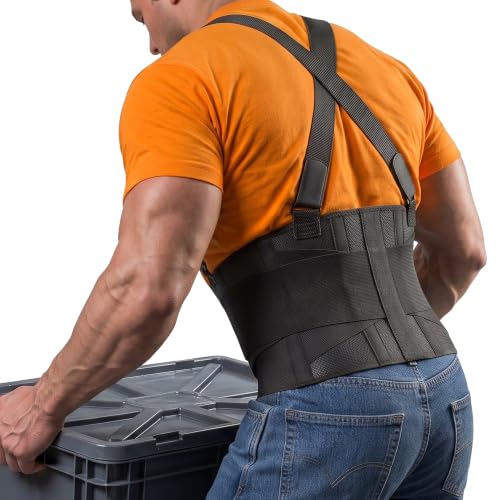 BraceAbility Work Back Brace - Removable Suspender Shoulder Straps for Heavy Lifting Safety - Industrial Lower Back Pain Protection Belt for Men and Women in Construction, Mover, Warehouse Jobs (2XL)
