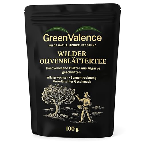 GreenValence Wilder Olivenblättertee - Handverlesene Blätter aus der Algarve - geschnitten | Wild gewachsen naturrein & sonnengetrocknet | Mediterraner Premium Kräutertee ohne Zusätze (100g)