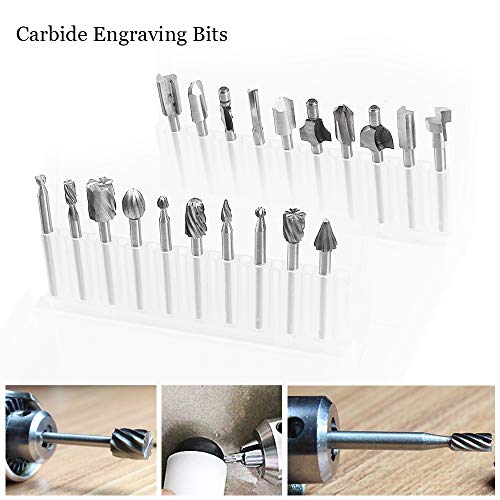 20Pc HSS Router Carbide Engraving Bits and Router Bit Set 1/8"(3mm) Shank For Dremel Proxxon Rotary Tools Accessories for DIY Woodworking, Carving, Engraving, Drilling