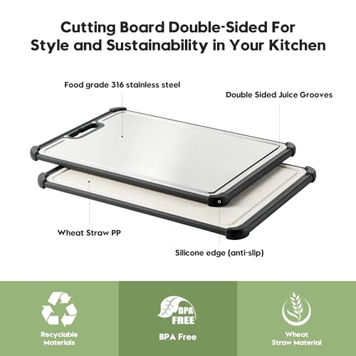 Premium 316 Stainless Steel Cutting Board for Kitchen Extra Large 16.9" x 11.8" Best Non-Toxic Chopping Board for Meat Food-Grade Metal & Eco-Friendly Wheat Straw Dual-Sided Healthy Kitchen Essential - Image 5