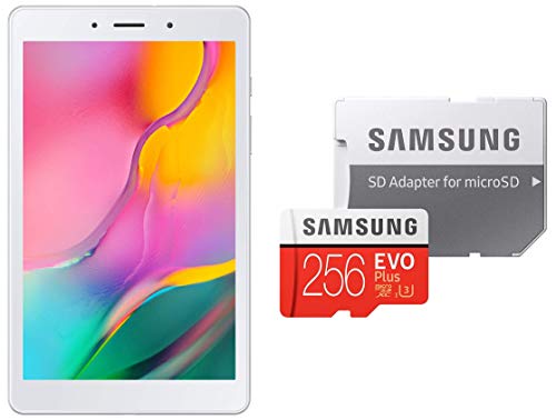 Image of Samsung Galaxy Tab A 8.0 (Silver, 2GB RAM, 32GB Storage) WiFi + 4G + Samsung EVO Plus 256GB microSDXC UHS-I U3 100MB /s Full HD & 4K UHD Memory Card with Adapter