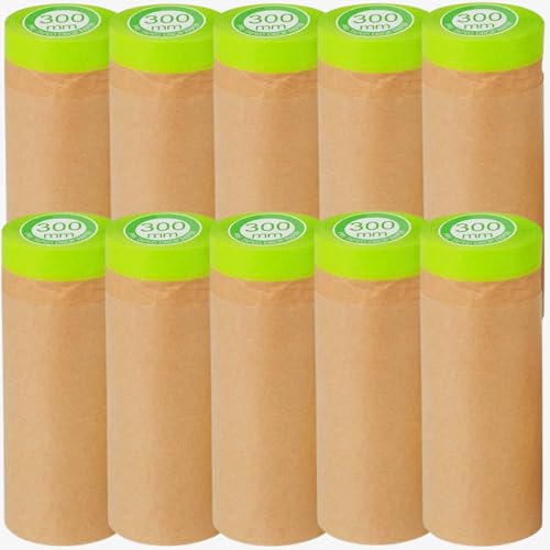 Image of Pre-Taped Painting Masking Paper: 10 Rolls 12 Inch x 50 Feet Tape and Drape Painters Paper, Self-Adhesive Paint Protective Kraft Paper Roll