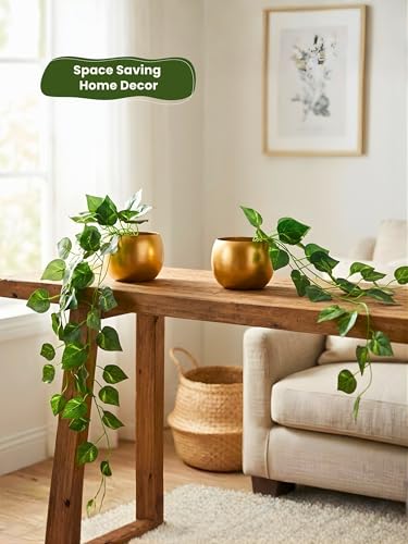 Image of Bombay Greens ; Sow, grow, eat, repeat Gold Metal Pot with Artificial Money Plant | Hanging Plant Wall Decor | Metal Pot for Home Decor, Living Room, Balcony & Office Decoration