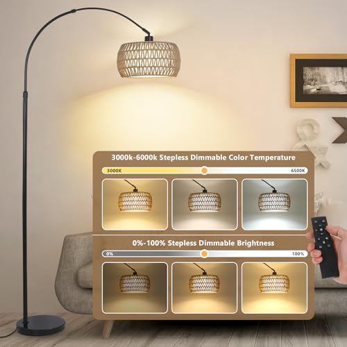 Arc Floor Lamps for Living Room with 3 Color Temperatures, Black Standing Lamp with Remote & Dimmable LED Bulb, Rattan Boho Floor Lamp, Farmhouse Tall Lamp for Bedroom, Over Couch Arched Reading Light - Image 3