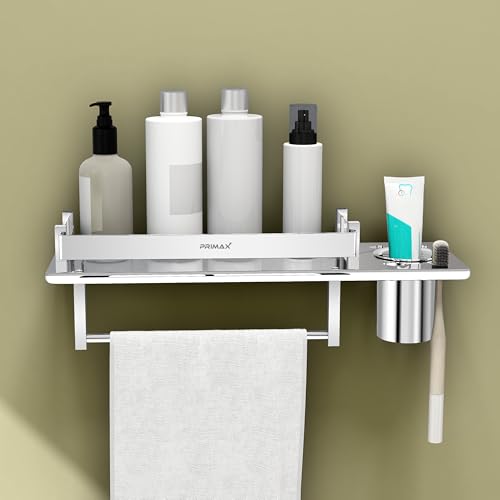 Image of Plantex (Primax) Stainless Steel Nickel 3 in 1 Multipurpose Bathroom Shelf, Towel Hanger (Chrome, Silver, 15 x 5 Inches)