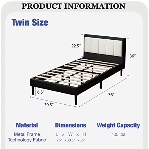 Konprosp Twin Size Bed Frame With Upholstered Headboard, Platform In New Technical Fabric, Mattress Foundation With Wooden Slats Support, Easy Assembly, No Box Spring Needed, Black & White #TOP1