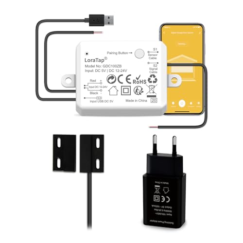 LoraTap ZigBee Smart Control de garaje | Módulo relé integrado con sensor Reed | USB 5V/DC 12-24V | Compatible con Tuya App/Alexa | Instalación de 15 minutos