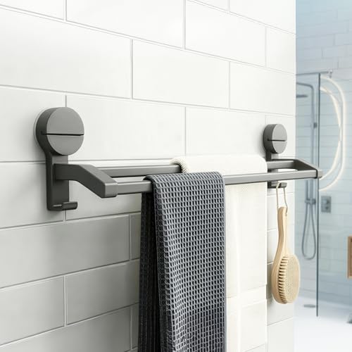 Image of Amazon Basics Suction Towel Holder for Bathroom - Rust - Free Powder Coated Wall Mounted Towel Rack No Drill Towel Rack Modern Bathroom Accessories Organizer Grey
