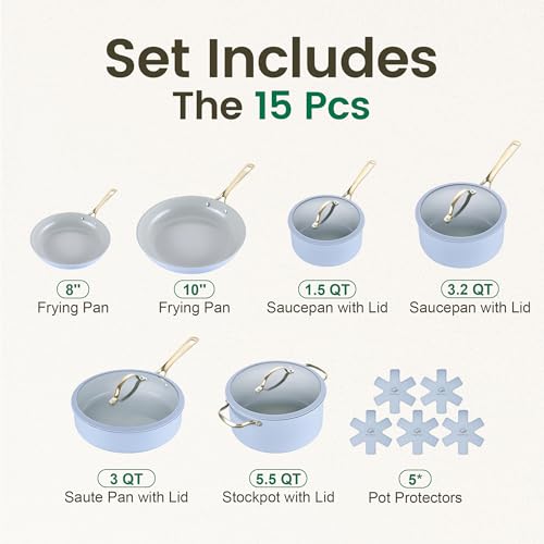 Chef Power Ceramic Cookware Sets, 15Pcs Pots and Pans Set Non Stick, Cookware Set with Stainless Steel Handle, Dishwasher & Oven Safe, Light Blue and Granite Grey - image 2