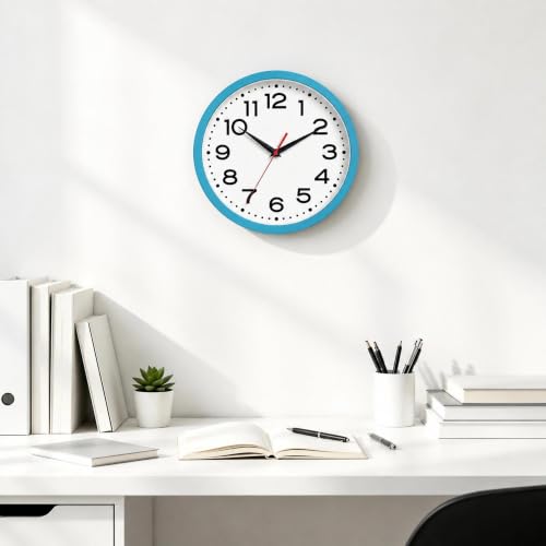 Image of Roymnie 10 Inch Wall Clock, Battery Operated Silent Non Ticking Blue | analog wall clock; bold numerals for easy reading; silent non-ticking; 1 AA battery (not included); for classroom