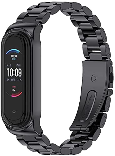 Mejiwasmi Strap Replacement For Amazfit Band 5, Compatible With Amazfit Band 5 Metal Strap, Stainless Steel Wristband Watchband Accessories (Beads,Bla