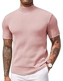 Picture of COOFANDY Men's Mock Turtleneck Sweater Short Sleeve Casual Basic Tops Ribbed Knit Pullover Solid Tee Pink Small
