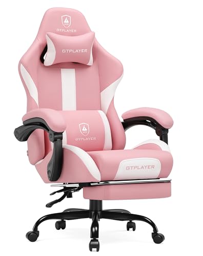 GTRACING Gaming Chair with Foot Rest & Pocket Spring Cushion, Ergonomic High Back Computer Chair with Headrest & 360°-Swivel Seat for Home Office Desk, PU Leather, Pink