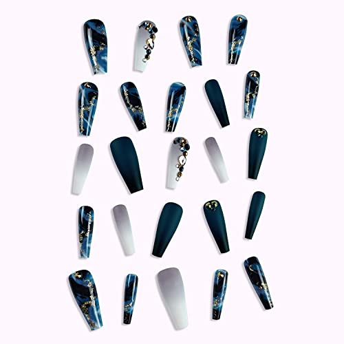 Long Advanced Rhinestone Nails Dark Blue Mable Press On Nails, 24 Pcs Acrylic Fake Nail Glossy Long False Nails Coffin Square Gilding Stick On Nails Long For Women #TOP5