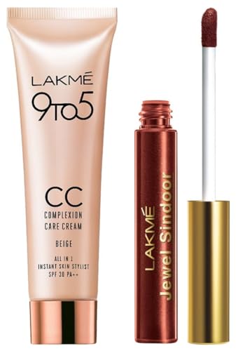 Image of Lakme Jewel Sindoor, Maroon, Quick Drying, Long Lasting, Liquid Sindoor, 4.5 ml & Lakme 9 to 5 CC Cream Mini, 01 - Beige, Light Face Makeup with Natural Coverage, SPF 30, 9 g