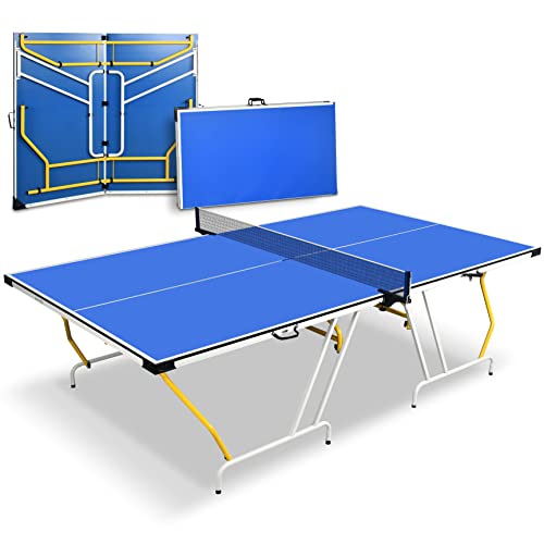 SereneLife Foldable Table Tennis Table Medium Size Includes Net Clipper Post Foldable and Easy to Store Space-Saving Design Blue