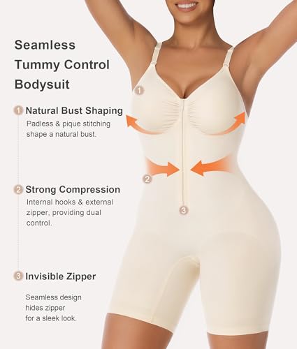 Image of SHAPERX Women's Shapewear Bodysuit Tummy Control Seamless Zip-Up Body Shaper Waist Defining Silhouette