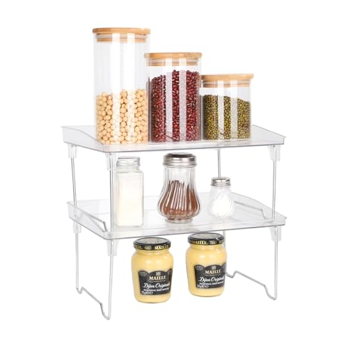 2 Pcs Stackable Cabinet Organizer Shelf, Transparent Countertop & Vanity Storage Rack with Metal Base, Space Saving Kitchen & Cosmetic Shelf for Cabinet, Counter, Pantry, Bathroom
