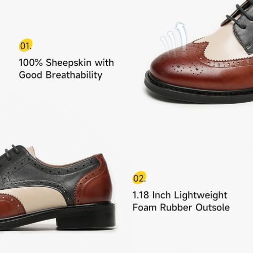 Image of BEAU TODAY Oxford Shoes for Women,Leather Brogue Dress Shoes,Comfort Brethable Ladies Lace-up Handmade Wingtip Shoes for Business Work