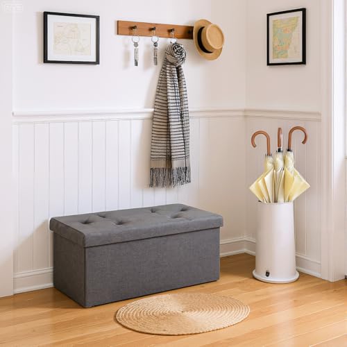 DUMOS 30in Foldable Storage Ottoman Bench, Storage Chest, End of Bed Foot Rest Stool with Padded Seat, Bedroom Bench for Living Room, Bedroom, Support 660lbs, Grey - Image 3
