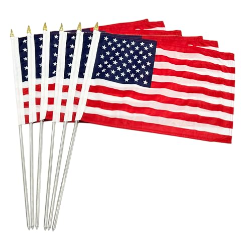 TOPFLAGS 12x18 Small American Flag on Stick 6 Pack Mini US Flags 12x18 Inch Metal Handheld Pole for Outside 4th of July Memorial Day USA 250th Anniversary Patriotic Decorations