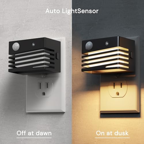 Image of L LOHAS LED Motion Sensor Night Lights, [2 Pack] Dimmable Night Light Plug into Wall with Dusk-to-Dawn Sensor, Adjustable Brightness, 3000K Plug in Nightlight for Bedroom Bathroom Hallway (Black)