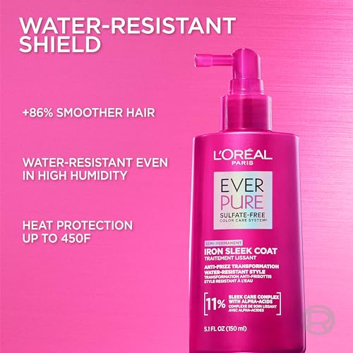 Image of L'Oreal Paris Sulfate Free Iron Sleek Coat, Anti-Frizz Hair Treatment Spray with Heat Protection & Humidity Protection, Semi-Permanent Smoothing, Suitable for Color-Treated Hair, EverPure, 5.1 fl oz