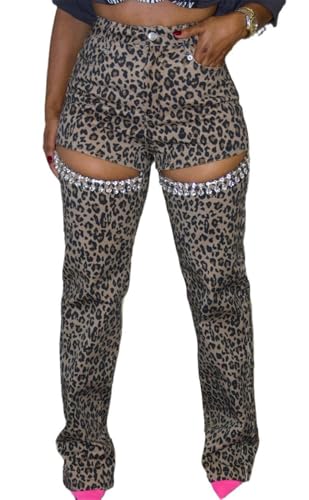 Womens Sexy High Waist Cut Off Leopard Printed Rhinestones Bodycon Party Clubwear Pants