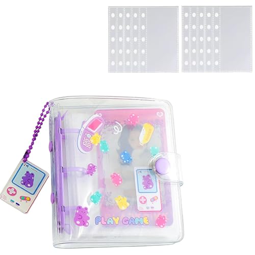 karonpeln シール帳 透明 可愛いシールバインダー M5 女の子向け アルバム 写真集カードブック 透明ルーズリーフ10枚付き 詰め替え可能 ストラップ付き はがせる3穴 コレクション用 学校 自宅 ギフトに最適 (パープル)