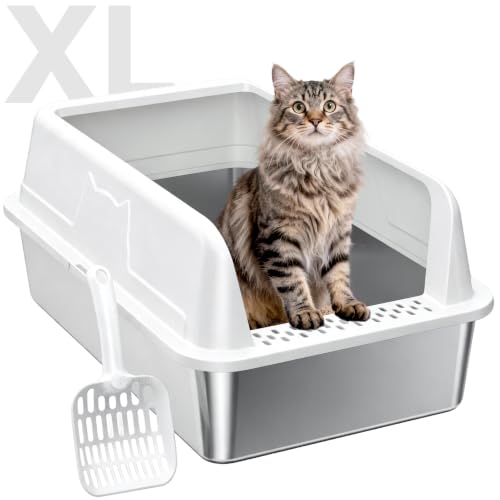 OneBug High-Sided Stainless Steel XL Cat Litter Box for Cats | High-Sided Design Prevents Urine Leakage,Non-Stick,Easy to Clean,Includes Scoop,White