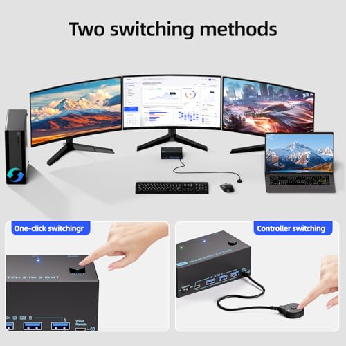 HDMI KVM Switch 3 Monitors 2 Computers 8K@60Hz/4K@120Hz, USB3.0 KVM Switches 2 Computers for 2 PC Sharing Triple Monitor and Keyboard Mouse, Wired Controller and USB Cables Including by NAWEN - Image 8