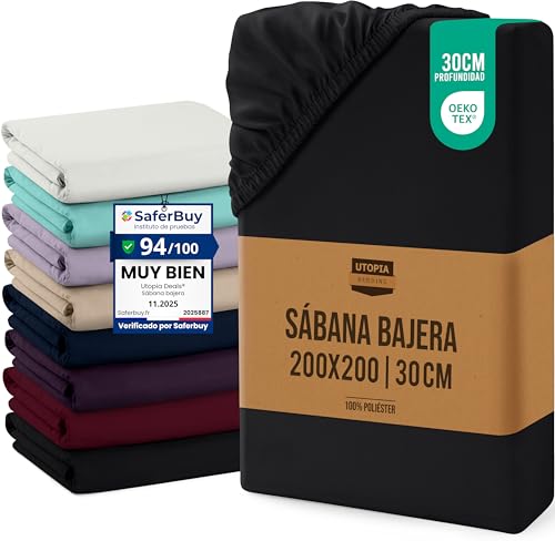 Utopia Bedding Sabana Bajera 200x200x30 cm   Negro   Bolsillo Profundo   Certificado Oeko Tex   Microfibra de Poliéster Cepillado (Cama 200)