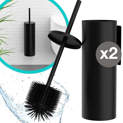 Hovea - Pack de 2 Escobillas WC de Pared - Escobilla de Silicona y Soporte Metálico - Sin Taladro - Fijación Mural con Adhesivo o Tornillos - Cepillo de Baño - Negro Mate - WC3620