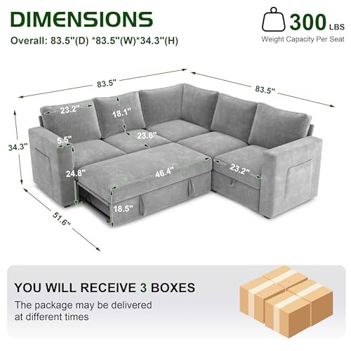 Image of Sectional Corduroy Sleeper Sofa with Pull Out Couc (Pale Gray, 5 Seat)