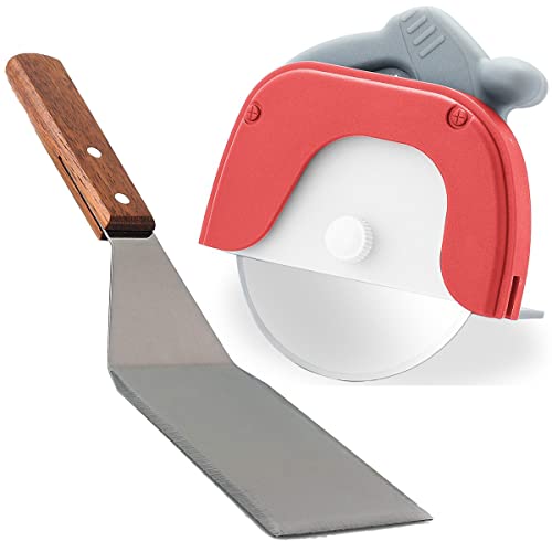 Image of P-Plus International Pizza Cutter and Serving Turner - Pizza Serving Turner - Pizza Cutter Tool - Pizza Spatula - Pizza Cutter Wheel (Set of 2, Pizza Cutter - Red)