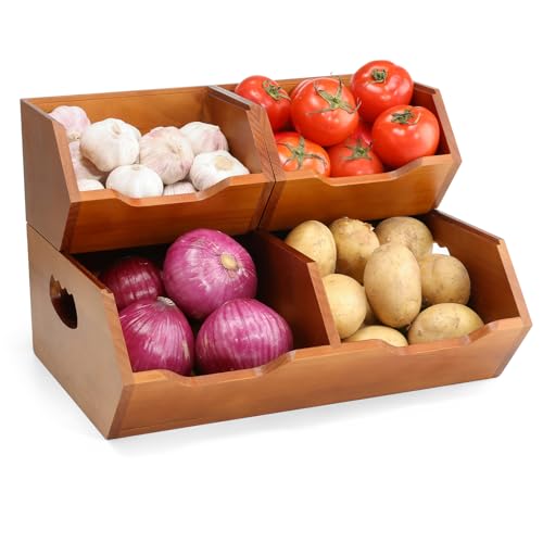 Aquzee 2-Layer Stackable Potato Storage Box, Set of 3, Separable Onion Pot Storage Box, Wood, Kitchen Worktop Organiser for Fruit and Vegetables, Storage, Bread Bin & Fruit Basket