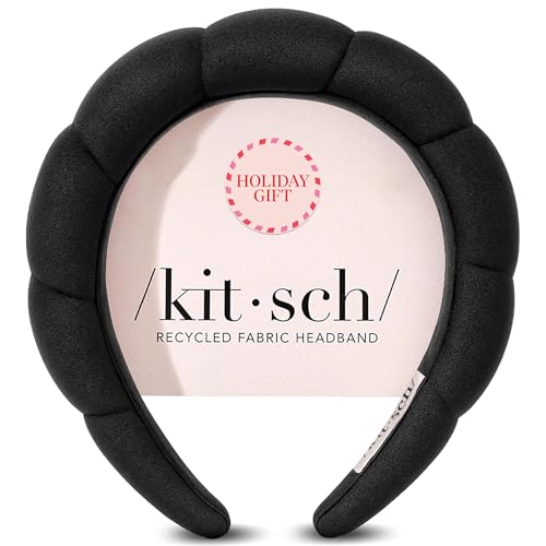 Photo de Kitsch Bandeau bouffant noir pour lavage du visage – Bandeau de soins de la peau pour femme – Bandeau de lavage du visage pour filles – Tissu recyclé – Bandeau de maquillage respectueux de