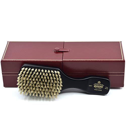 Kent OHE1 Mens Ebony Wood Wire-Laid White Boar Bristle Club Hair Brush. Exfoliating Natural Boar Bristle Brush for Mens Grooming, Hair Care and Beard Straightener. Handmade in England