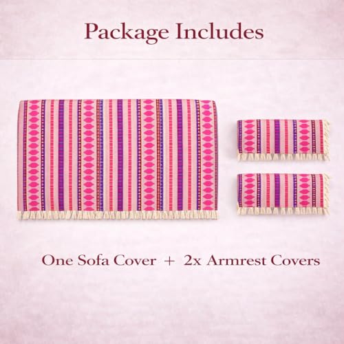 Image of STITCHNEST Woven 3 Seater Sofa Protector with 2 Hand Rest Covers - Purple & White Stripe Design - Washable Fabric with Tassels - Stylish Sofa Cover for Modern Living Room & Furniture Decor