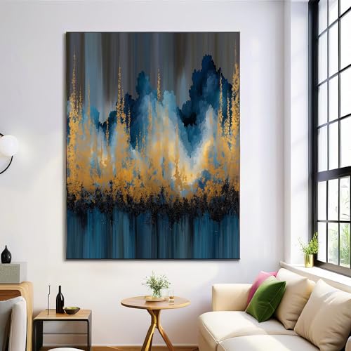 Décoration murale salle de bain en toile abstraite bleue 70x100cm design or